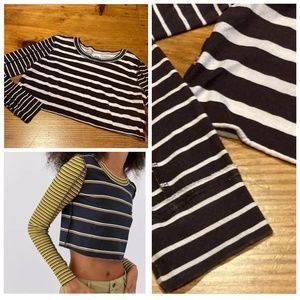 BDG L Brown/Oatmeal Seb Spliced Stripe Long Sleeve Tee Cropped Shirt